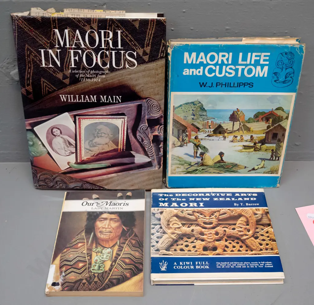 4 books on New Zealand history and Maori decorative arts including Maori in Focus by William Main and a reprint of 1884 Image 1++