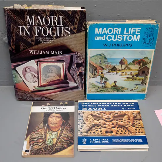 4 books on New Zealand history and Maori decorative arts including Maori in Focus by William Main and a reprint of 1884