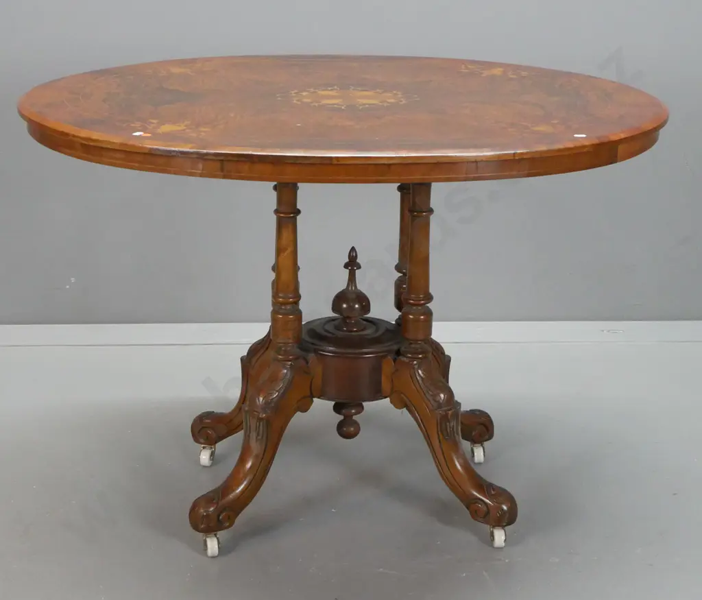 Victorian walnut loo table w/ boxwood stringing inlay & central mixed timber inlaid motif, on 4 point cathedral base, Image 1++