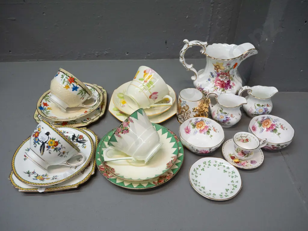 assorted English bone china: Hammersley jug, Derby Posies cream & sugar, 4 trios incl. 2 Aynsley and 2 Paragon, Royal Image 1++