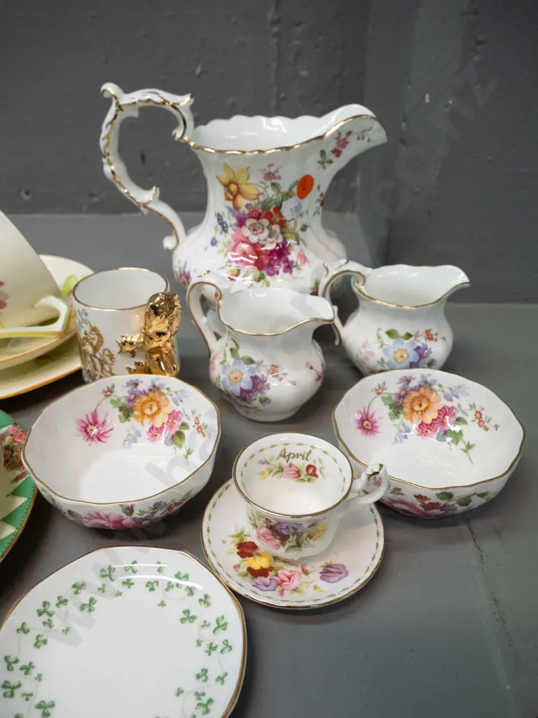 assorted English bone china: Hammersley jug, Derby Posies cream & sugar, 4 trios incl. 2 Aynsley and 2 Paragon, Royal Image 1++