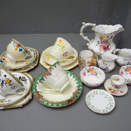 assorted English bone china: Hammersley jug, Derby Posies cream & sugar, 4 trios incl. 2 Aynsley and 2 Paragon, Royal