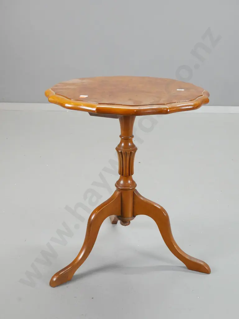 vintage walnut-topped wine table with turned & fluted mahogany base with 3 sweeping legs H-475 D-400 Image 1++