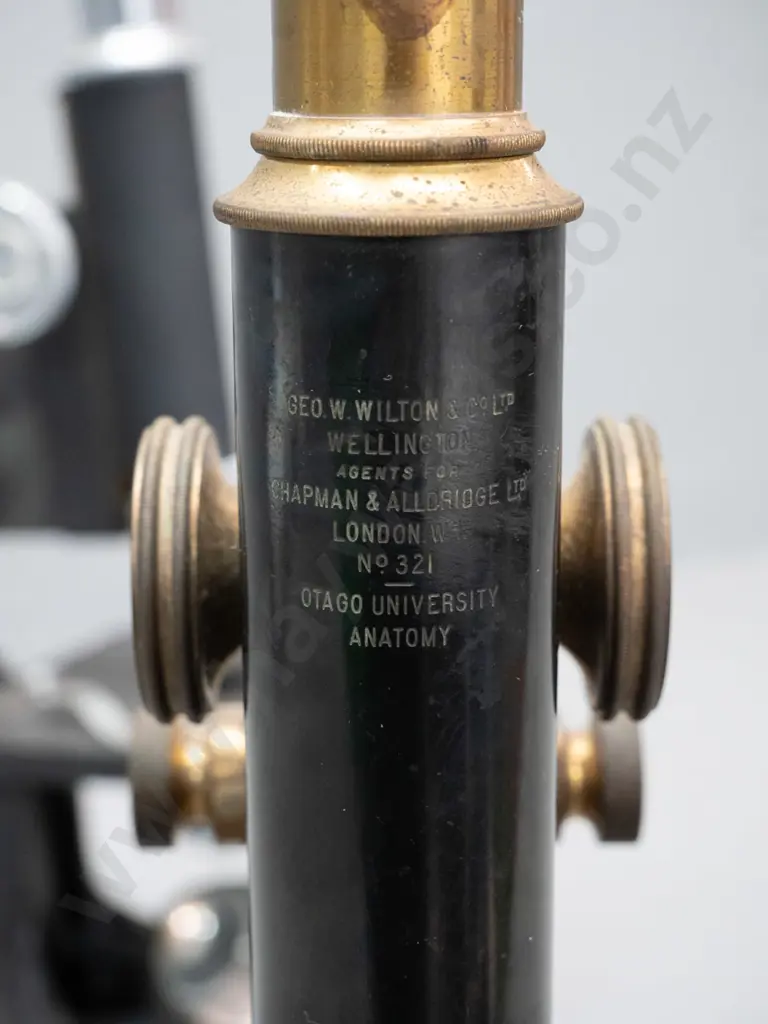 2 vintage laboratory microscopes - one marked George Wilton & Co Wellington / Chapman & Alldridge / Otago University Image 1++