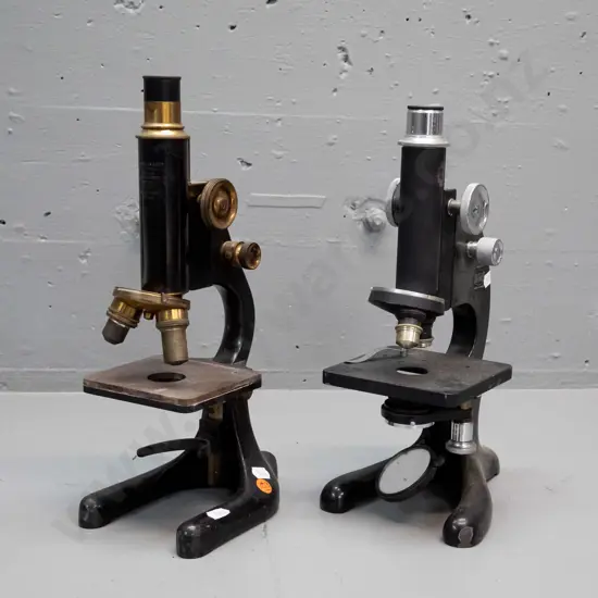 2 vintage laboratory microscopes - one marked George Wilton & Co Wellington / Chapman & Alldridge / Otago University