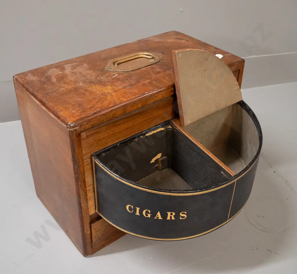 vintage timber travelling tobacco storage case with swivelling front door with inner compartments Image 1++