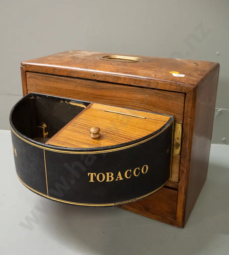 vintage timber travelling tobacco storage case with swivelling front door with inner compartments Image 1++