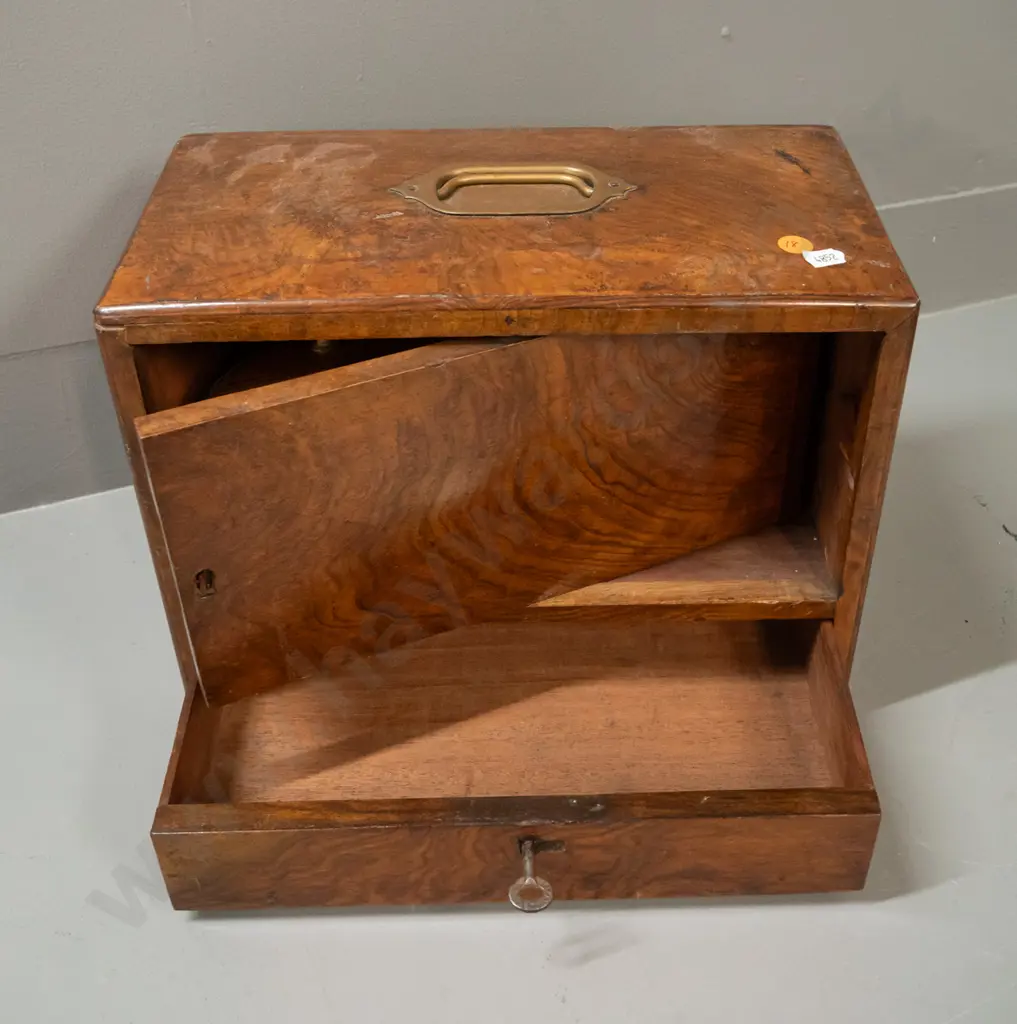 vintage timber travelling tobacco storage case with swivelling front door with inner compartments Image 1++