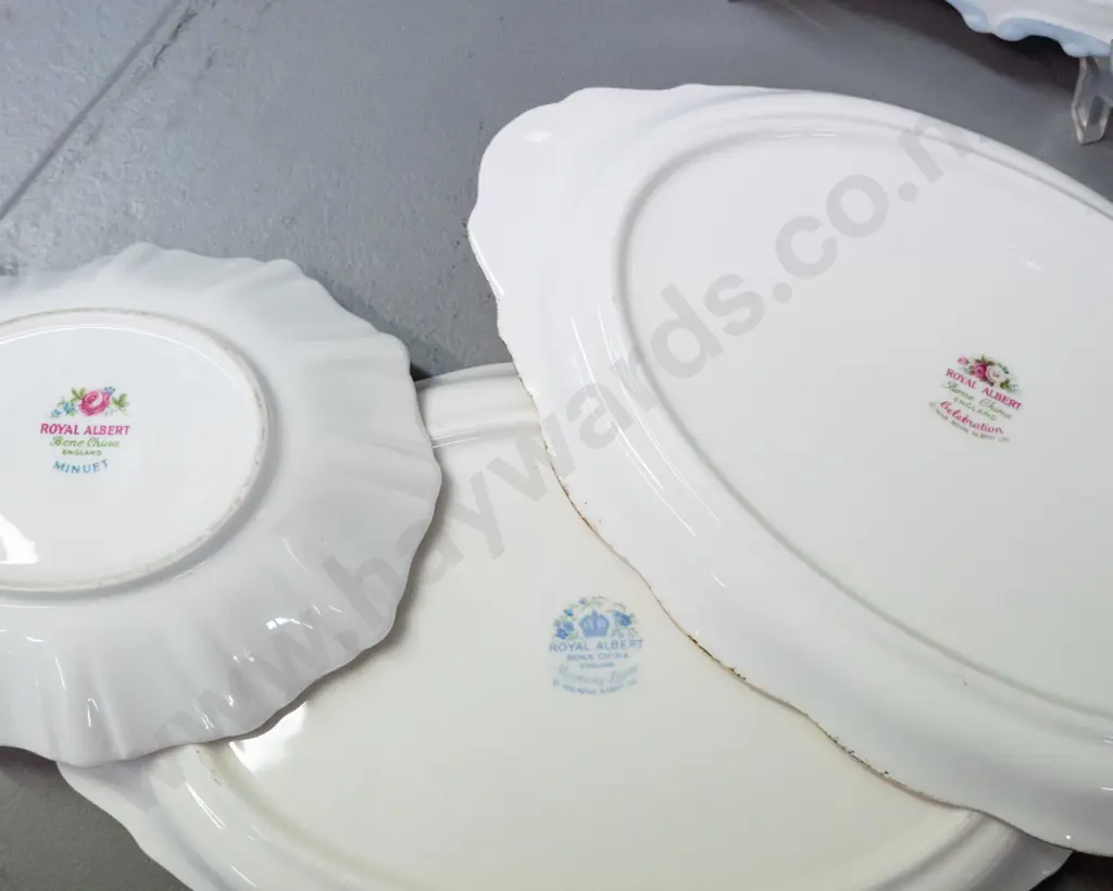 assorted English floral / fruit motif china items: 3 Royal Albert oval dishes, Wedgwood, Spode, Coalport dish & 2 vases Image 1++