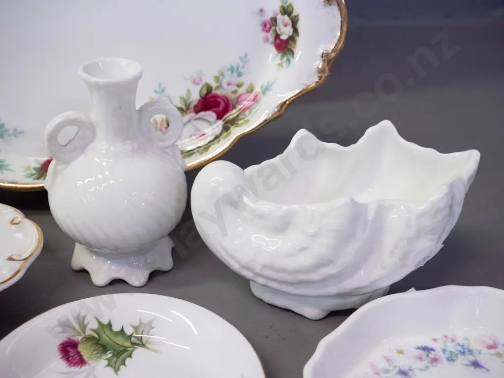 assorted English floral / fruit motif china items: 3 Royal Albert oval dishes, Wedgwood, Spode, Coalport dish & 2 vases Image 1++