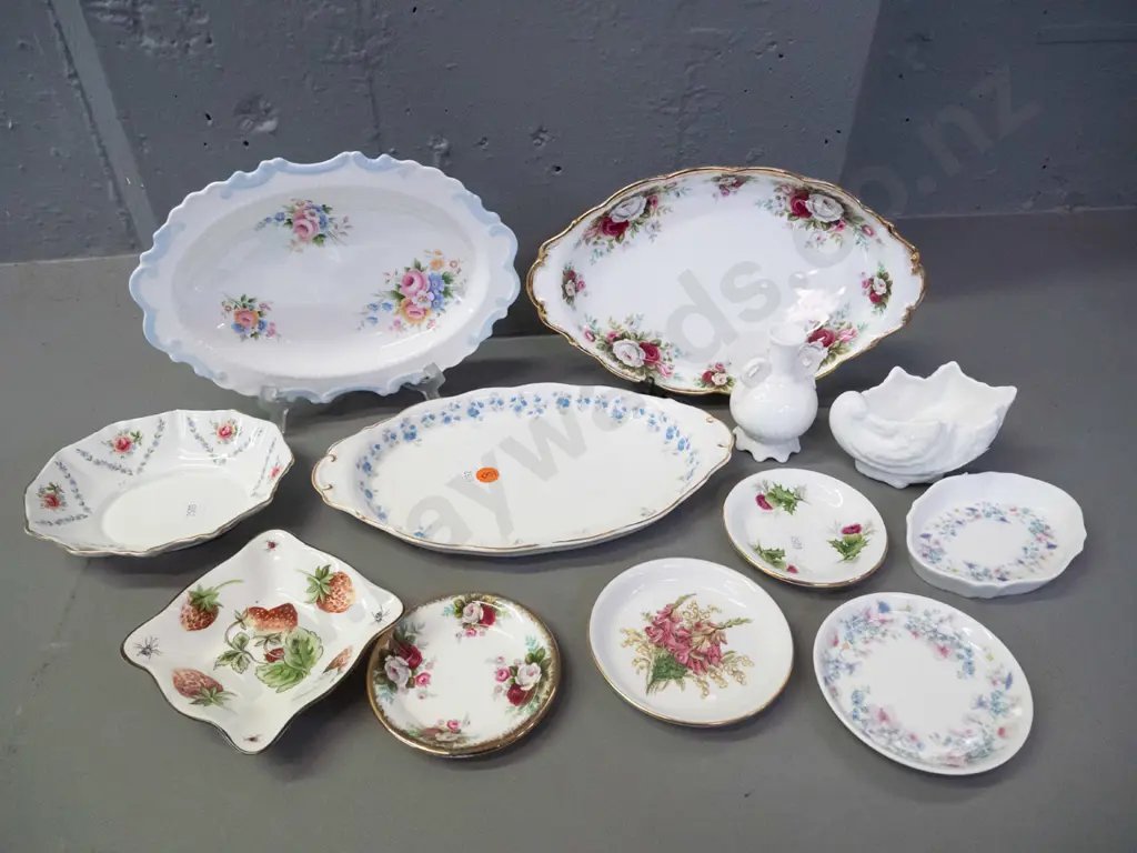 assorted English floral / fruit motif china items: 3 Royal Albert oval dishes, Wedgwood, Spode, Coalport dish & 2 vases Image 1++