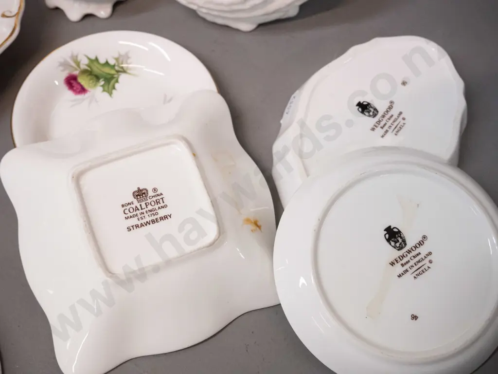 assorted English floral / fruit motif china items: 3 Royal Albert oval dishes, Wedgwood, Spode, Coalport dish & 2 vases Image 1++