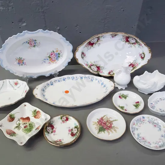 assorted English floral / fruit motif china items: 3 Royal Albert oval dishes, Wedgwood, Spode, Coalport dish & 2 vases