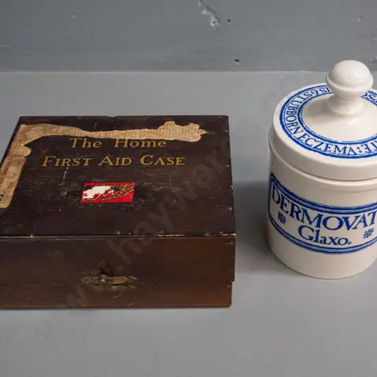 vintage Boots Drug Co. home first aid kit including original contents and a Wade porcelain Glaxo Dermavate lidded pot