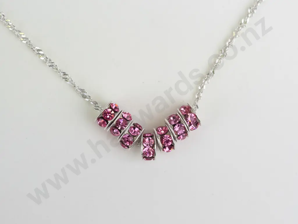 silver 7 ring necklace with dark pink stones chain stamped 925 Image 1++