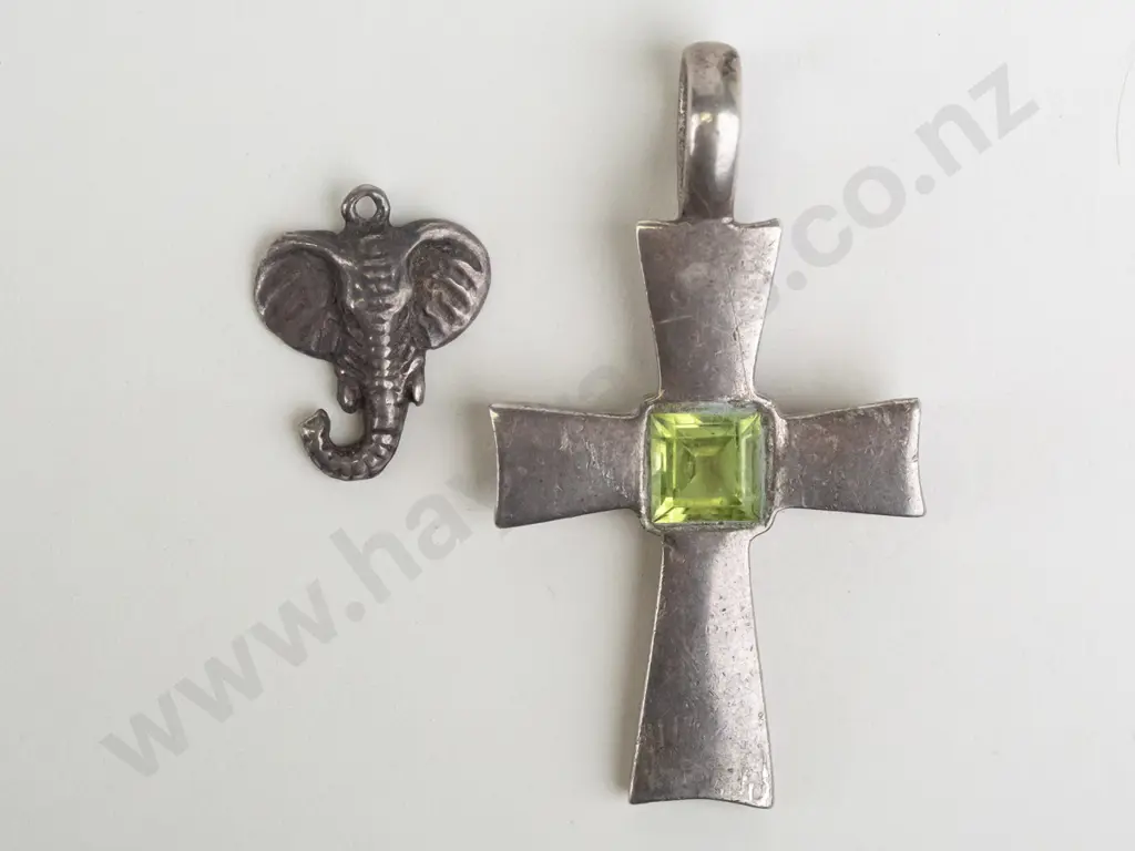 silver cross with light green stones  no chain stamped 925 & elephant head charm stamped 925 Image 1++