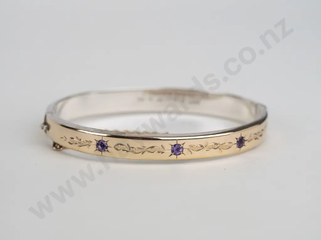 silver bangle with 3  amethysts & safety chain stamped 9ct stg sil Image 1++