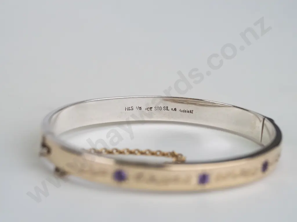 silver bangle with 3  amethysts & safety chain stamped 9ct stg sil Image 1++