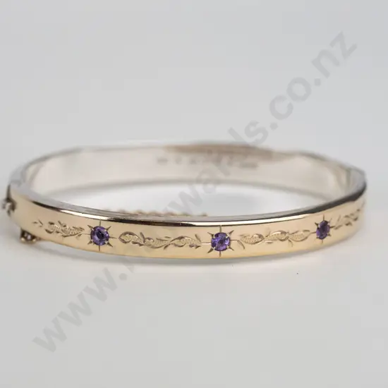 silver bangle with 3  amethysts & safety chain stamped 9ct stg sil