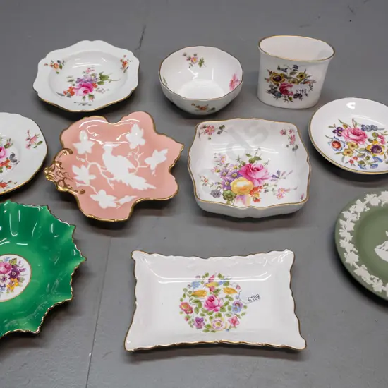 8 assorted English china pin dishes, a Crown Derby sugar bowl and Royal Worcester small vase H-65