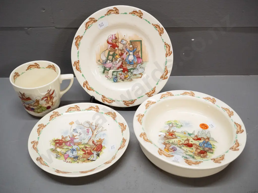 Royal Doulton Bunnykins bowl, cup, saucer and plate D-65. Some scratching to plate. Image 1++