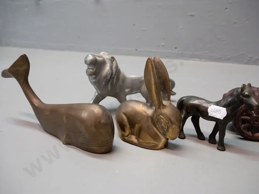 cast metal race car H-65 L-180 and assorted brass or alloy metal animals Image 1++