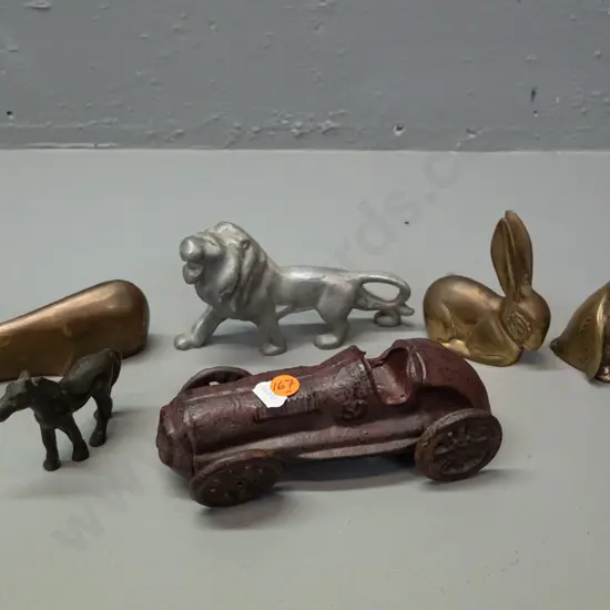 cast metal race car H-65 L-180 and assorted brass or alloy metal animals