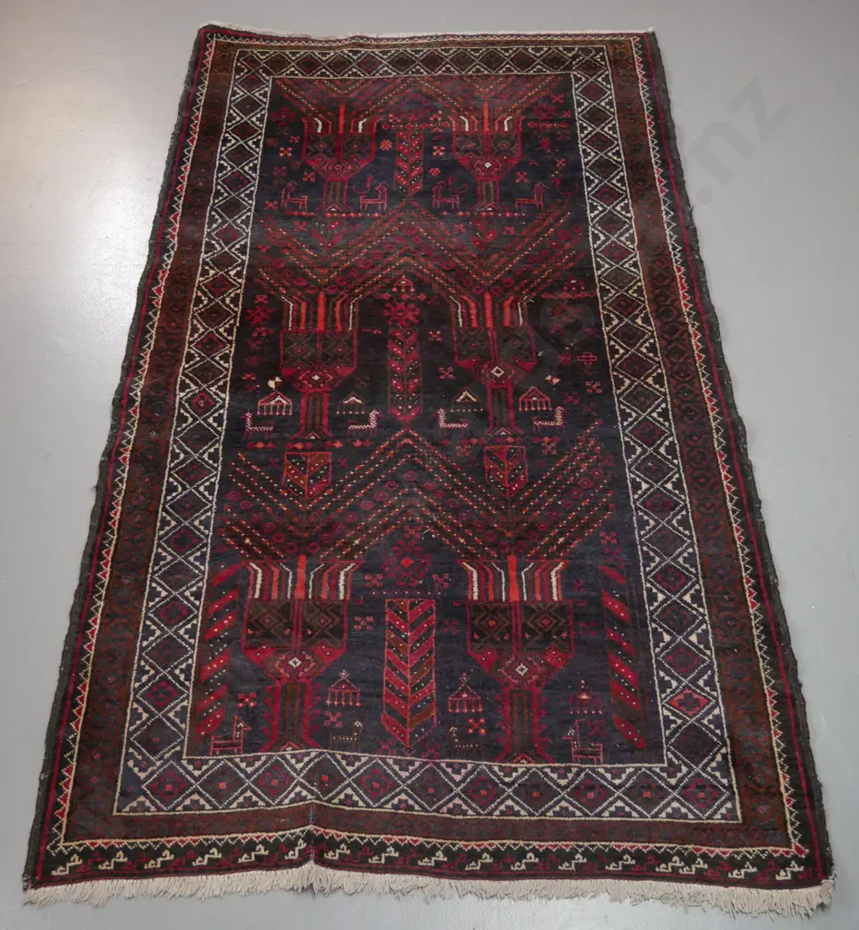 hand-knotted wool Persian style floor rug - dark red, brown and blue - some fading L-2100 W-1170 Image 1++