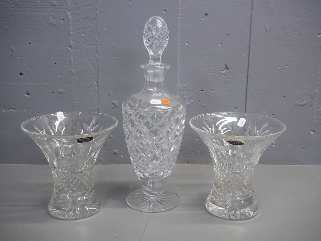3 pieces of cut crystal - pair of vases with Harbridge labels and a stoppered decanter H-320 Image 1++