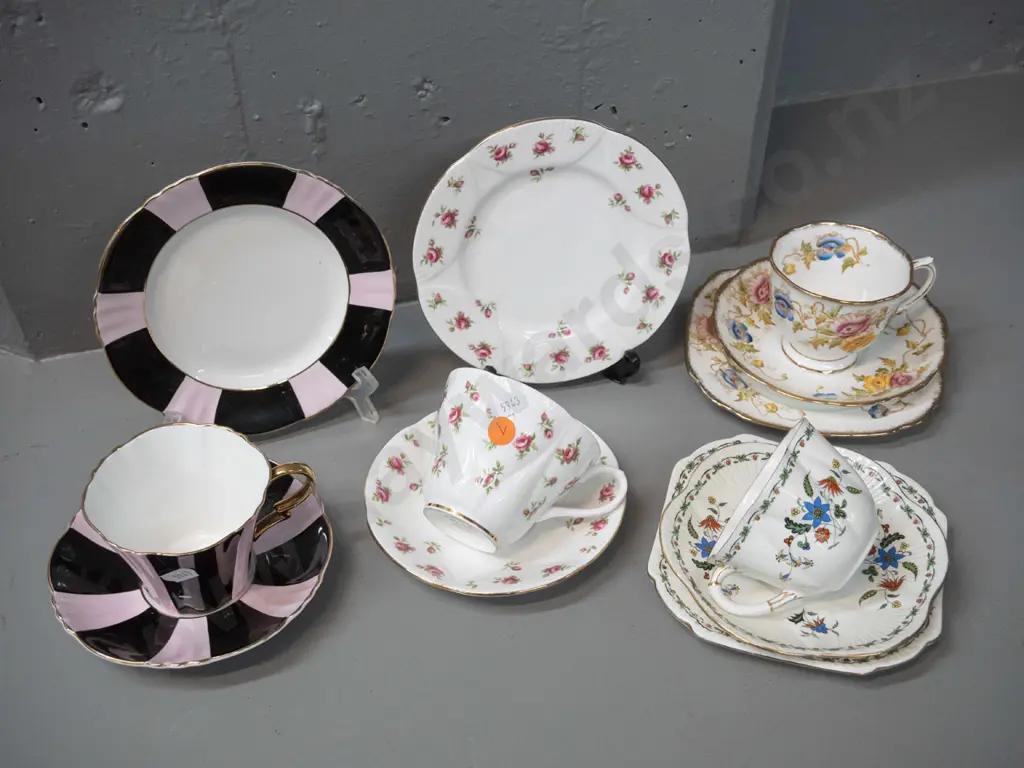4 English bone china trios - 2 Royal Albert, Shelley "Chelsea" floral and Royal Standard deco pink & black stripe Image 1++