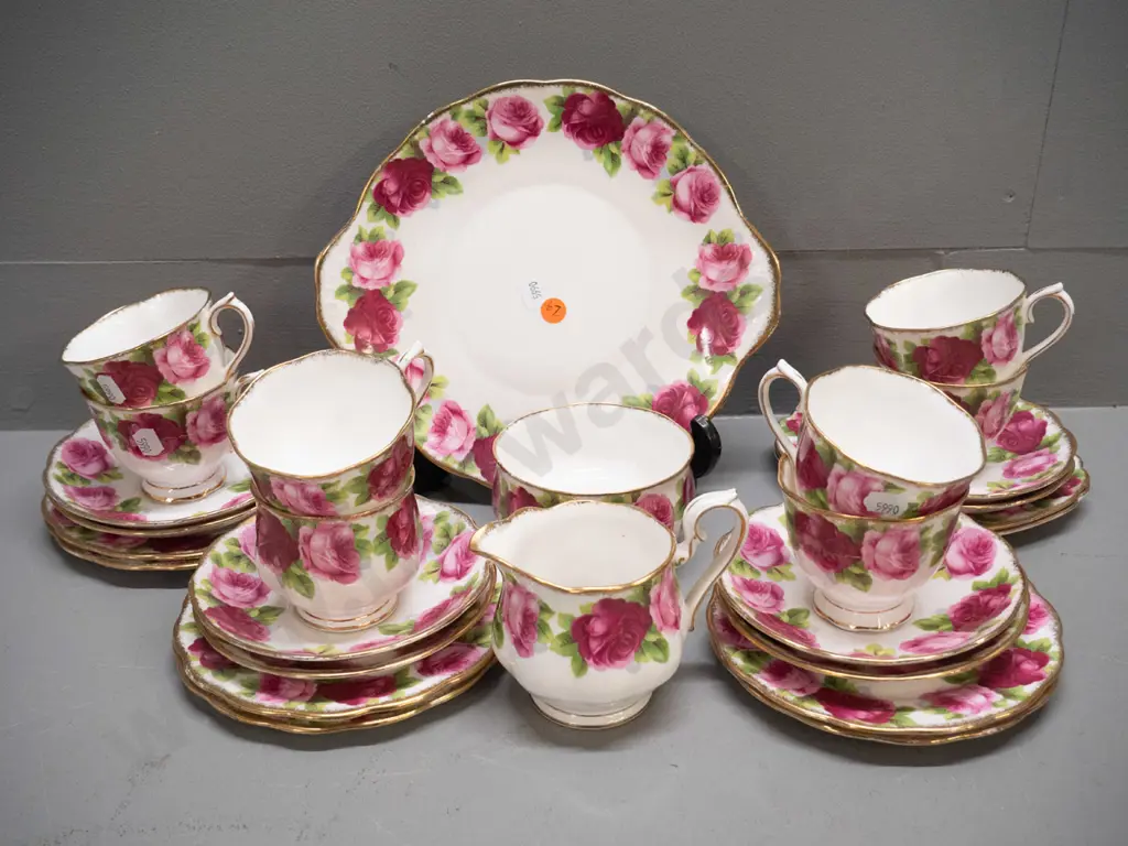 Royal Albert Old English Rose 27-piece tea set - 8 trios, cake plate, cream & sugar - 2 different cup shapes Image 1++