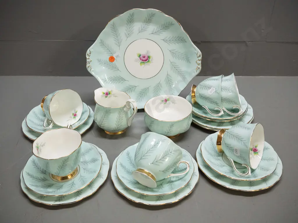 Royal Albert "Rosamund" pattern 21-piece tea set - one cup has glaze crack inside Image 1++