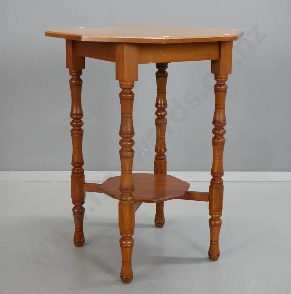 Edwardian rimu octagonal occasional table with 4 turned legs, x-stretcher base with lower shelf - some scratching & wear Image 1++