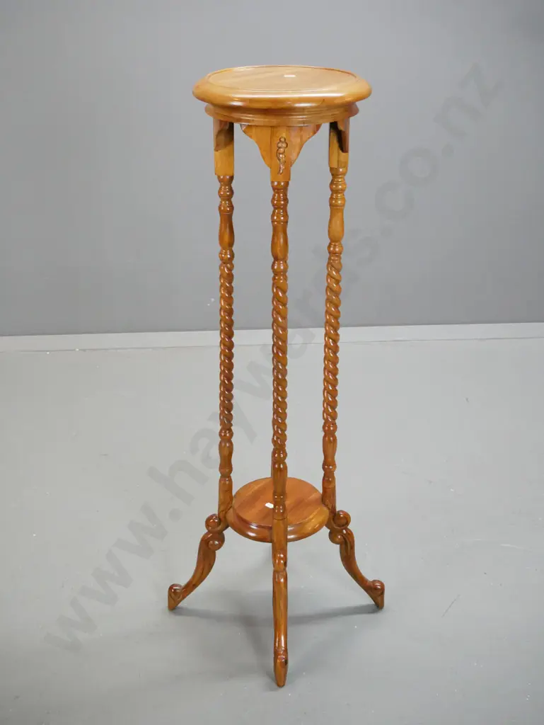 reproduction mahogany Victorian style plant stand on 4 twisted turned uprights, with bottom shelf, some staining to top, Image 1++