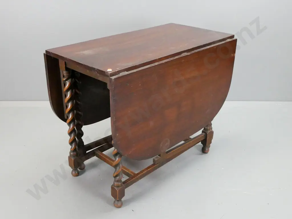 vintage oak drop-side gate leg table on stretcher base with Jacobean twist legs - some staining and scratching, Image 1++