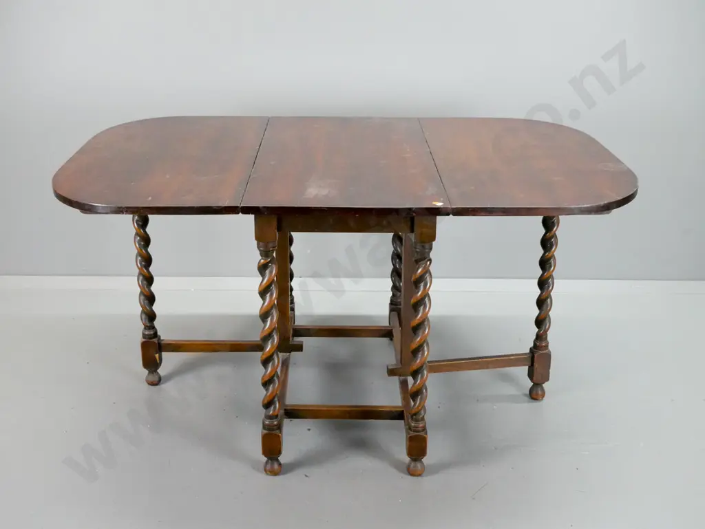 vintage oak drop-side gate leg table on stretcher base with Jacobean twist legs - some staining and scratching, Image 1++