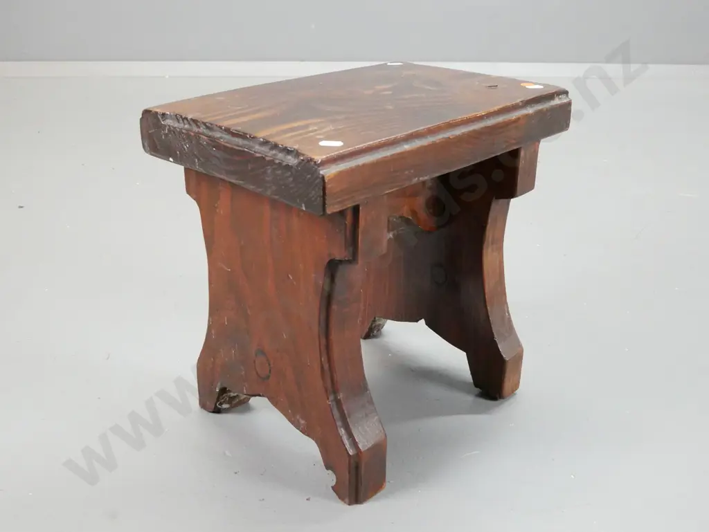 vintage slab construction pine stool with shaped sides and edge - some deterioration to surface H-340 W-350 D-250 Image 1++
