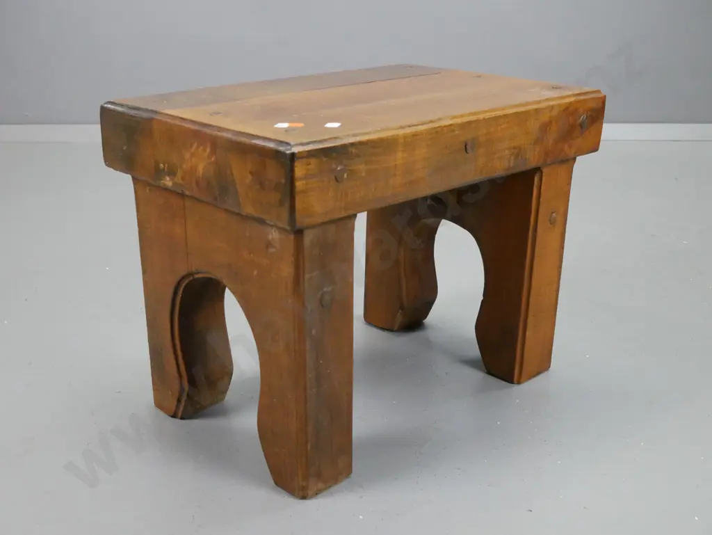vintage small slab construction mixed timber stool with shaped legs - has been restored, some scratches overall H-340 Image 1++