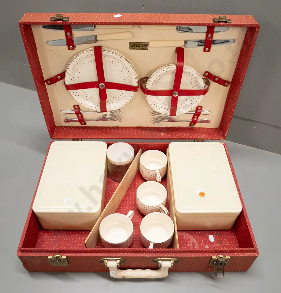vintage English "Brexton" picnic set in hard case with Brexton branded china plates, cups and saucers, jars, food boxes, Image 1++