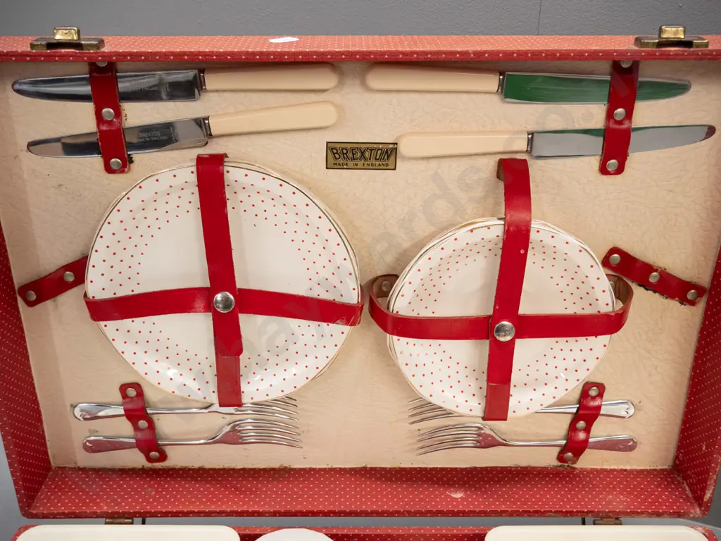 vintage English "Brexton" picnic set in hard case with Brexton branded china plates, cups and saucers, jars, food boxes, Image 1++