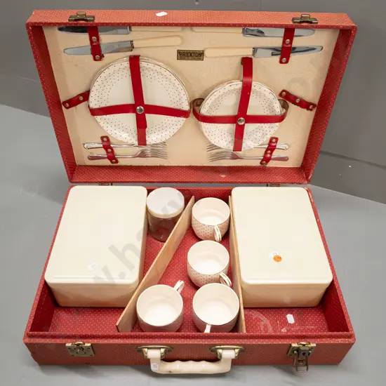 vintage English "Brexton" picnic set in hard case with Brexton branded china plates, cups and saucers, jars, food boxes,