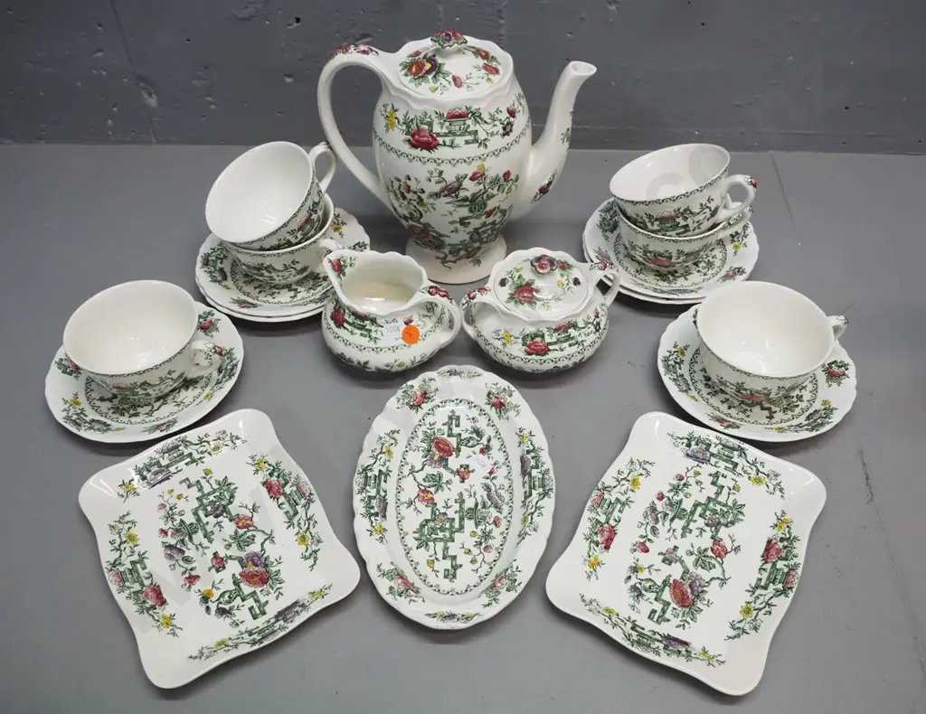 Crown Ducal "Chinese Garden" Ironstone 18-piece tea/coffee set with 6 cups & saucers, 3 dishes, tea or coffee pot is Image 1++