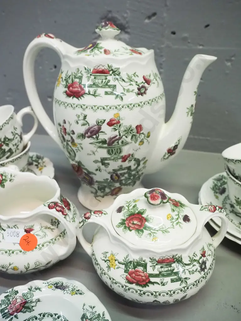Crown Ducal "Chinese Garden" Ironstone 18-piece tea/coffee set with 6 cups & saucers, 3 dishes, tea or coffee pot is Image 1++