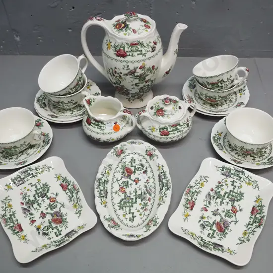 Crown Ducal "Chinese Garden" Ironstone 18-piece tea/coffee set with 6 cups & saucers, 3 dishes, tea or coffee pot is
