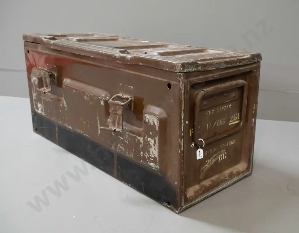 ammunition case with assorted 1986 mortar shell impressed and printed info - has bent latch, scratches and dents. H-270 Image 1++