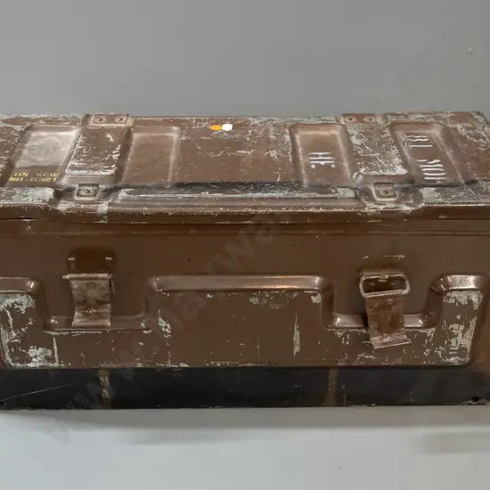ammunition case with assorted 1986 mortar shell impressed and printed info - has bent latch, scratches and dents. H-270