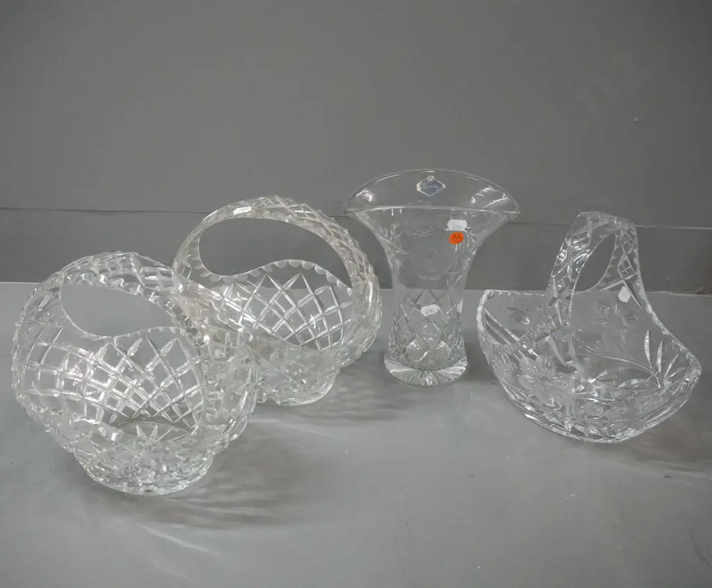 3 cut crystal baskets and a vase with a Royal Brierley label H-210 - 2 baskets have same cut Image 1++