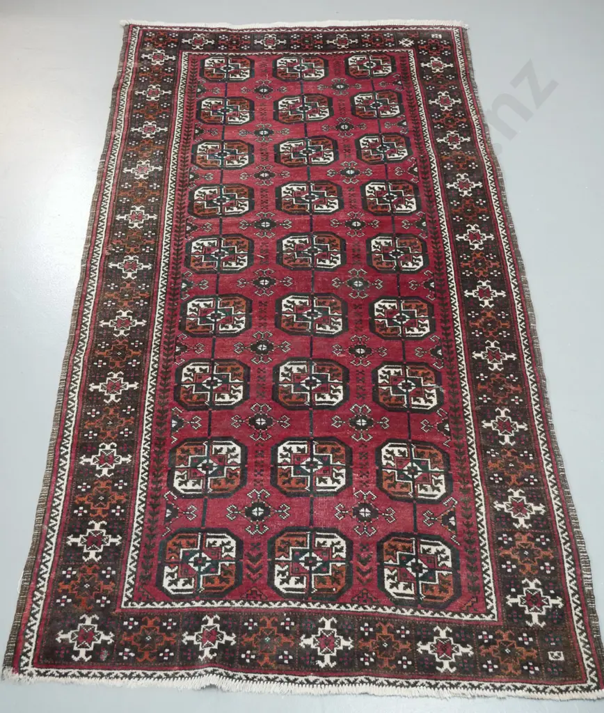 Persian style hand knotted wool floor rug - reds, browns, ivory - some fading, fraying to fringe, small spot of Image 1++