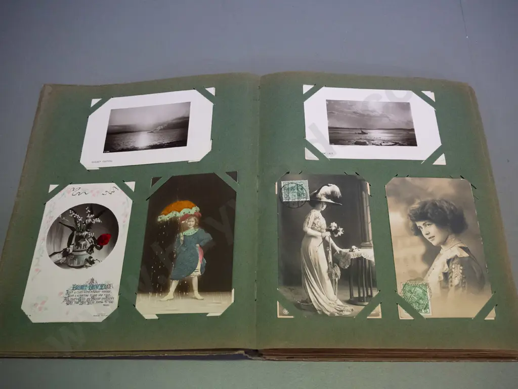 album of vintage postcards, mostly with stamps and postmarks - assorted overseas subjects, portraits etc. H-300 W-240 Image 1++