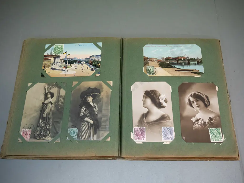 album of vintage postcards, mostly with stamps and postmarks - assorted overseas subjects, portraits etc. H-300 W-240 Image 1++